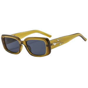 Fashionable rectangle sunglasses with olive green frames and grey lenses, 45-degree angle view