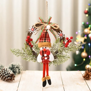 Christmas twig wreath with plush dolls for holiday door and window wall decorations