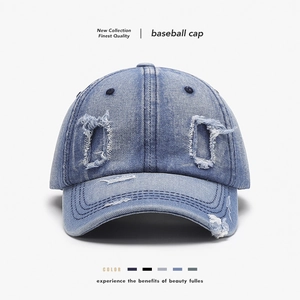 Washed Cotton Denim Baseball Cap Distressed Retro Vintage Tattered Holes Adjustable Outdoor Soft Top Hat For Men Women