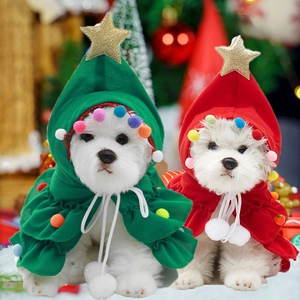 Pet Christmas Tree Cloak Hooded Dog Cat Cape Soft Knitted Fleece Costume For Small Medium Dogs Cats Holiday Party