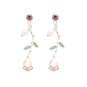 Pink enamel flower earrings with silver needles and synthetic pearls in a romantic style