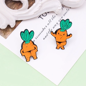 Funny muscular carrot enamel pin set showing fitness poses and quirky humor design