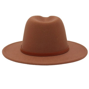 Detailed view of the smooth brown wool fedora with a matching leather band and center dent