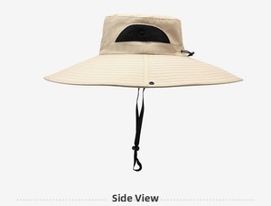 Detail of beige sun hat featuring breathable mesh side panels and adjustable chin strap