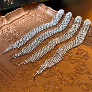 Elegant long fringe tassel earrings with silver needle and sparkling zircon crystals