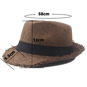 Straw fedora hat with frayed edges and dimensions of 58cm circumference and 13cm height