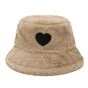 Winter faux fur bucket hat in khaki with a decorative heart patch for women