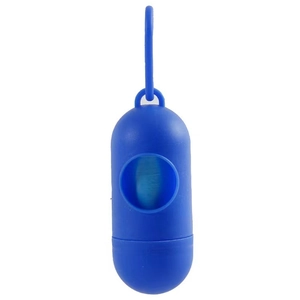 Blue capsule-shaped dog waste bag dispenser with hook made of durable plastic material
