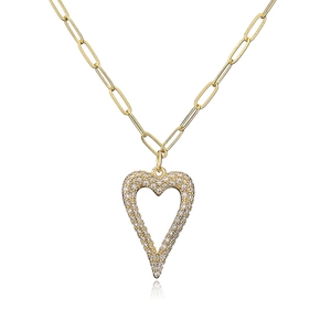 Detail of 18K gold plated paperclip chain necklace with sparkling zircon heart pendant
