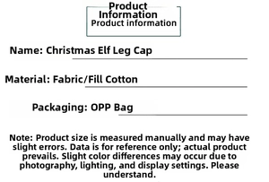 Spécifications du bonnet de jambe de lutin de Noël avec rembourrage en coton et emballage