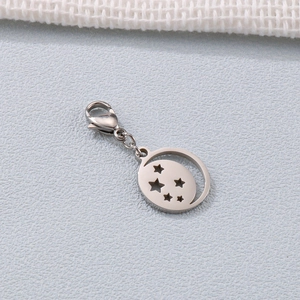 Silver stainless steel crescent moon and star charm pendant with lobster clasp attachment