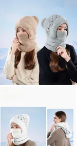 Close-up of three-in-one winter knit hat with integrated scarf and adjustable face mask