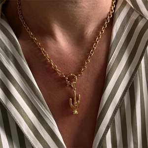 Gold cactus pendant necklace with chunky round link chain for summer beach vacations