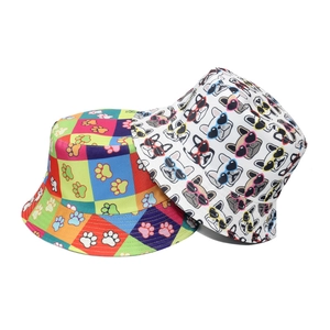 Bucket Hat Polyester Reversible Double Sided Sun Protection Summer Beach Cute Cartoon Dog Paw Print French Bulldog Women