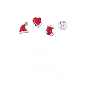 Detail of s925 silver Christmas earring set with red enamel hat, glove, sock and snowflake