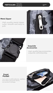 Detailed views of durable metal zippers, heavy-duty buckles, and front pockets on the chest bag