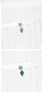 Macro shot of rhombus-cut blue and green zircon studs with flat screw-back titanium steel