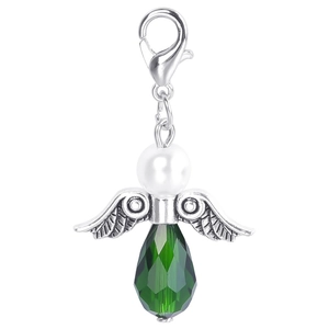Detailed view of silver angel wing pendant with green crystal drop and lobster clasp