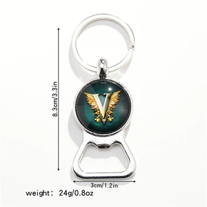 Detailed view of metal bottle opener keychain with letter V gem and product dimensions