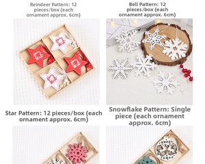 Detailed view of assorted Christmas wooden ornaments with stars and reindeer patterns