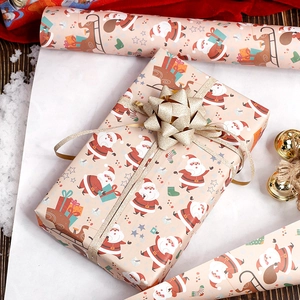 Christmas gift wrapping paper with vintage Santa Claus patterns and golden star ribbon