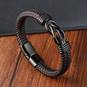 Men Braided Leather Bracelet With 316L Stainless Steel Infinity Knot And Magnetic Clasp Casual Fashion Jewelry