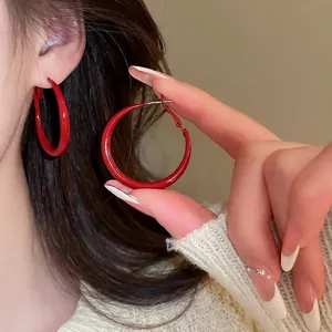 Classic oversized red hoop earrings in sterling silver needle for vintage style