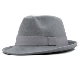 Classic light grey fedora wool hat with matching ribbon band on white background