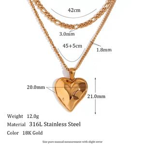 18K gold plated layered necklace with heart pendant and Figaro chain dimensions