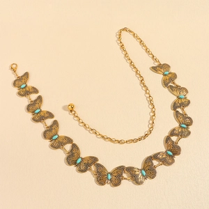 Golden butterfly waist chain with turquoise inlay for elegant dress styling