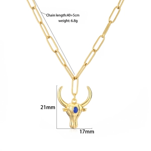 Vintage 18K gold plated bull head necklace with blue zircon and O-chain for women