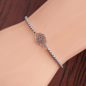 Stainless Steel Bracelet Adjustable Box Chain Hollow Feather Charm Polished Minimalist Jewelry For Men Women