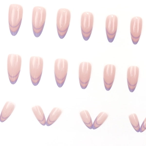 Pink almond press-on nails with purple double-line French design set on white background