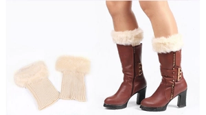 Detail of cream knitted faux fur leg warmers shown flat and worn with brown boots
