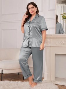 Luxurious light gray ice silk pajama set with short sleeve button-down top and long pants