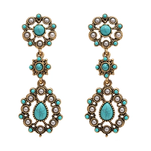 Vintage bronze drop earrings with turquoise stones and faux pearl floral accents
