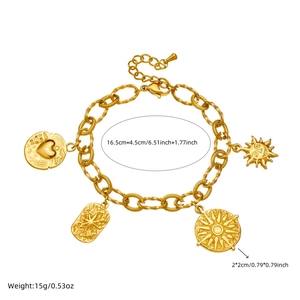 Gold plated stainless steel chain bracelet with sun and heart pendants on white background