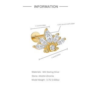 Macro detail of S925 sterling silver star flower stud with AAAAA zirconia and size specs