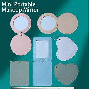 Mini Portable Makeup Mirror PU Leather Case Heart Round Square Compact Travel Pocket Handheld Mirror With Keychain
