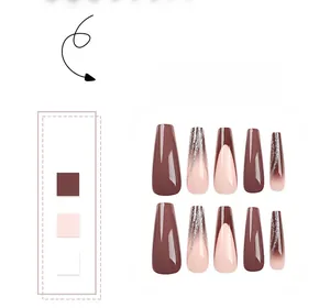 Detail of long coffin press-on nails in coffee and nude pink with silver glitter