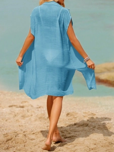 Back view of light blue semi-transparent long beach cover-up with breezy drape