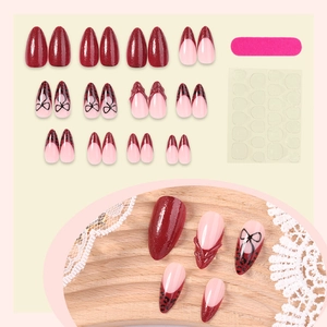 Almond leopard print press-on nails set with 3D bows and shiny dark red finish