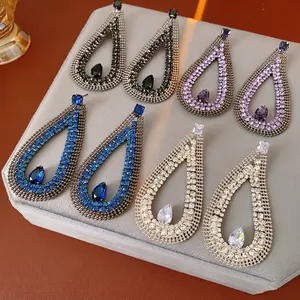 Large Teardrop Dangle Earrings Copper Rhinestone Zircon Fashion Retro Banquet Jewelry Women With Silver Earring Post