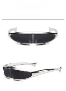 Futuristic Y2K dolphin sunglasses with silver frame and gray lenses in multiple view angles