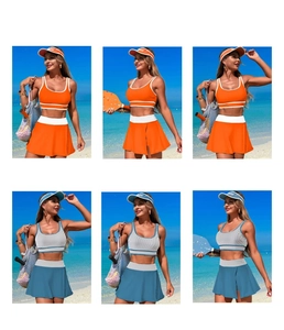 Multi-angle view of quick-dry sporty bikini set with mini skirt on a sunny beach