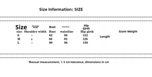 Detailed size chart for minimalist pleated maxi dress showing bust and length measurements