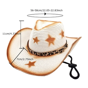 Western straw cowboy hat with leopard band, star prints, and adjustable chin strap