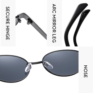Detailansicht der ovalen Sonnenbrille mit Scharnieren, Bügeln und Nasenpads im Detail