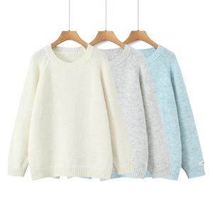 Women Mohair Texture Knitted Sweater Round Neck Raglan Long Sleeve Loose Casual Pullover Top Solid Color