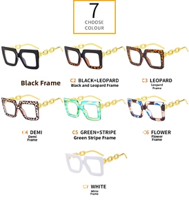 Selection of large square frame glasses with unique gold chain temple design in 7 colors